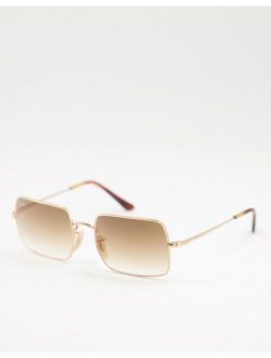 slim square metal sunglasses in gold with brown tinted lens