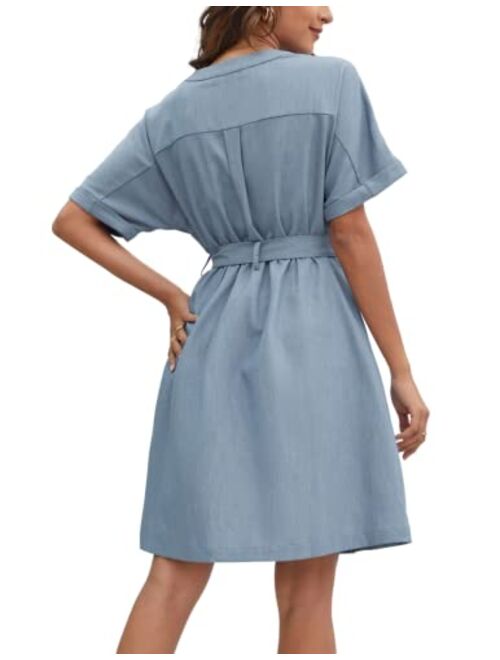 Kate Kasin Women Safari Dress Casual Short Sleeve Shirt Dress V Neck Button Down Waist Pleated Short Dress with Pocket