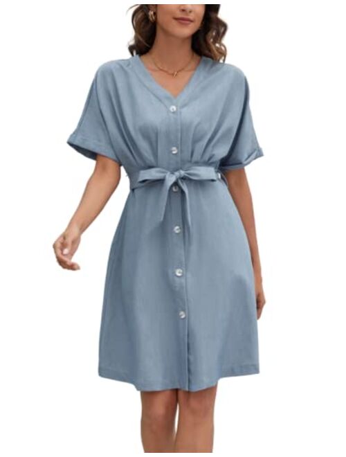 Kate Kasin Women Safari Dress Casual Short Sleeve Shirt Dress V Neck Button Down Waist Pleated Short Dress with Pocket