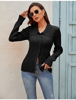 Women's Polo Collar Sweater Cardigan Button Down Slim Fit Knit Ribbed Top Tunic Shirts