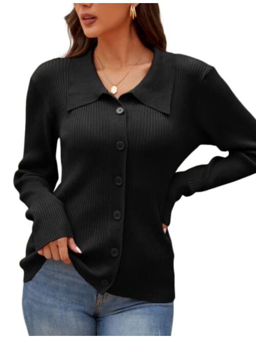 Kate Kasin Women's Polo Collar Sweater Cardigan Button Down Slim Fit Knit Ribbed Top Tunic Shirts