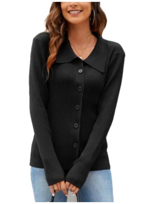 Kate Kasin Women's Polo Collar Sweater Cardigan Button Down Slim Fit Knit Ribbed Top Tunic Shirts