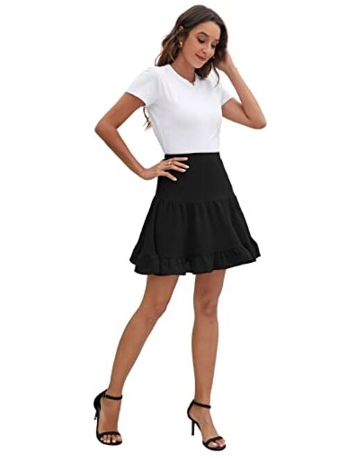 Kate Kasin Summer Basic Mini Skater Skirts Women A Line Elastic High Wasited Ruffled Hem Flared Skirt