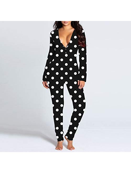 FABIURT Sexy Pajamas for Women Womens Sexy Short Rompers Bodysuit Printed V Neck Bodycon Stretch Button Pajama Jumpsuit