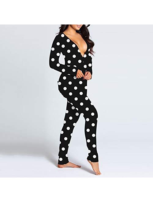 FABIURT Sexy Pajamas for Women Womens Sexy Short Rompers Bodysuit Printed V Neck Bodycon Stretch Button Pajama Jumpsuit