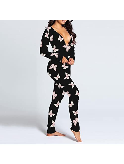 FABIURT Onesie Pajamas for Women, Womens Onesie Pajamas with Back Buttoned Flap Long Sleepwear Romper Homewear