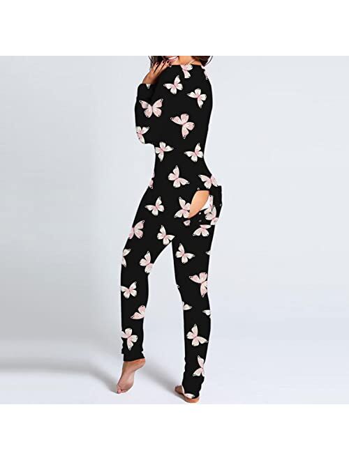 FABIURT Onesie Pajamas for Women, Womens Onesie Pajamas with Back Buttoned Flap Long Sleepwear Romper Homewear