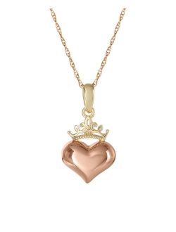 Children's Princess Heart & Crown 15" Pendant Necklace in 14k Yellow and Rose Gold
