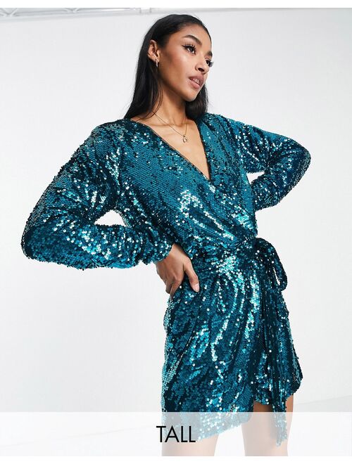 Asos Design In The Style Tall exclusive sequin wrap detail belted romper in blue