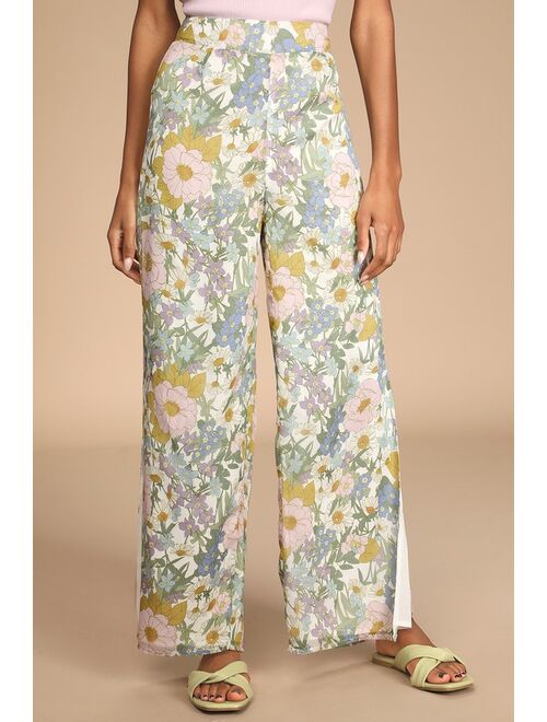 Lulus Here to Bloom White Floral Print Multi Wide-Leg Pants
