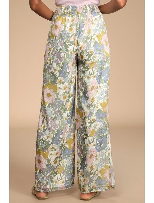 Lulus Here to Bloom White Floral Print Multi Wide-Leg Pants