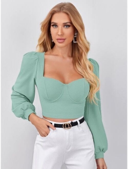 Sweetheart Neck Lantern Sleeve Crop Top