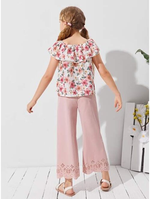 SHEIN Girls Foldover Front Floral Schiffy Top & Laser Cut Pants Set