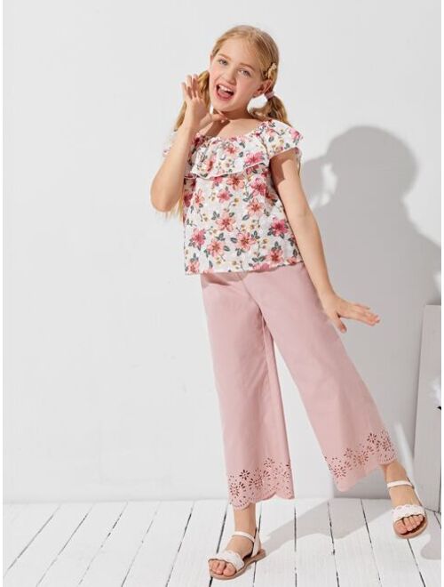 SHEIN Girls Foldover Front Floral Schiffy Top & Laser Cut Pants Set