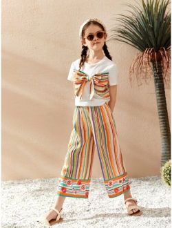 Girls Striped and Floral Print Big Bow Front Top & Wide Leg Pants Set