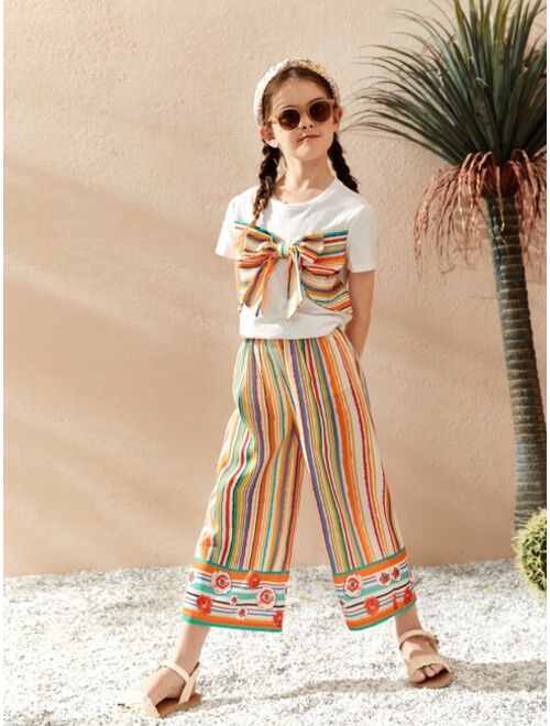 SHEIN Girls Striped and Floral Print Big Bow Front Top & Wide Leg Pants Set