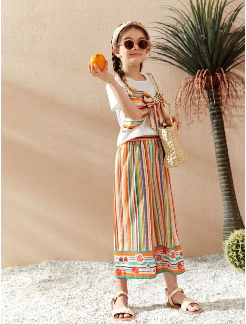 SHEIN Girls Striped and Floral Print Big Bow Front Top & Wide Leg Pants Set
