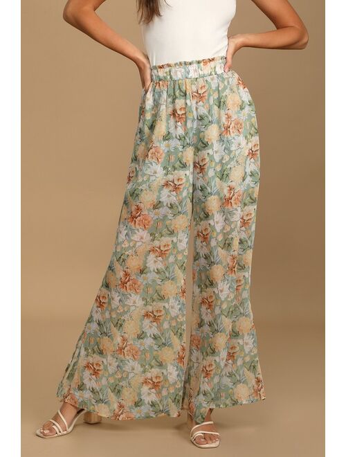 Lulus Just Go with the Flow Sage Floral Print Side Slit Wide-Leg Pants