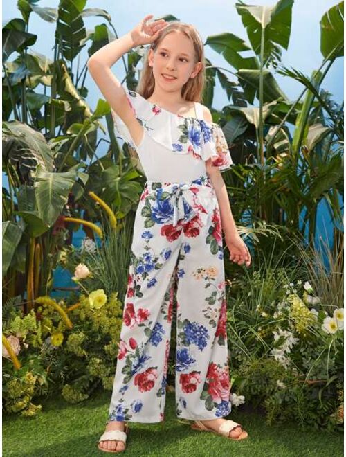 SHEIN Girls Floral Print Asymmetric Neck Ruffle Trim Top & Wide Leg Pants