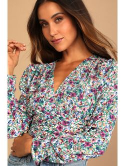 Blooming Buds Purple Floral Print Ruched Long Sleeve Top