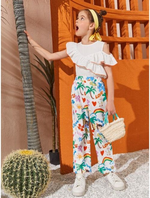 SHEIN Girls Ruffle Trim Cutout Top Tropical Print Pants Set