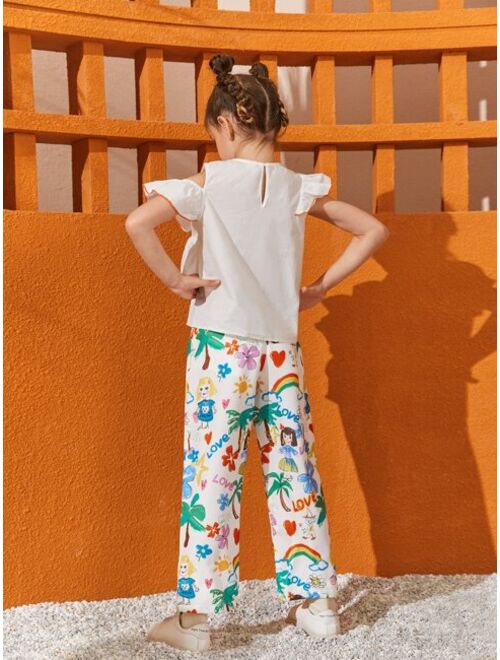 SHEIN Girls Ruffle Trim Cutout Top Tropical Print Pants Set