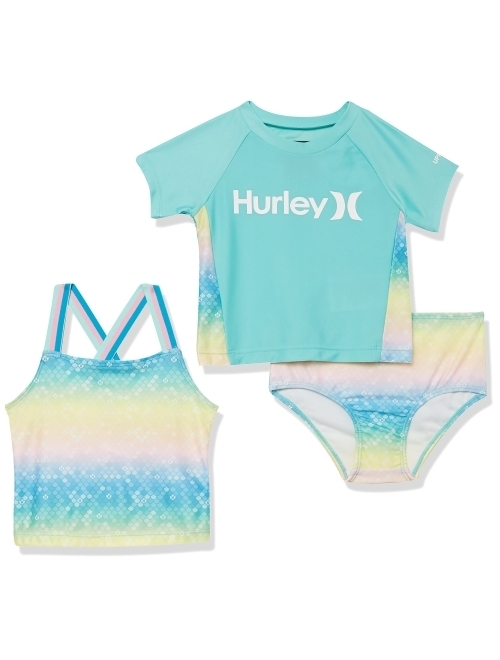 Hurley Girls' Short Sleeve Rash Guard and Swim Suit 3-Piece Set