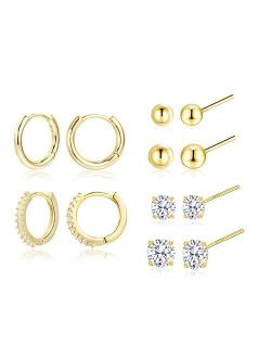 Alexcraft Earring Sets for Multiple Piercing | 14K Gold Plated Studs Earrings and Hoops Set Hypoallergenic Small Hoop CZ Ball Studs Earrings for Women Girls（6 Pairs）