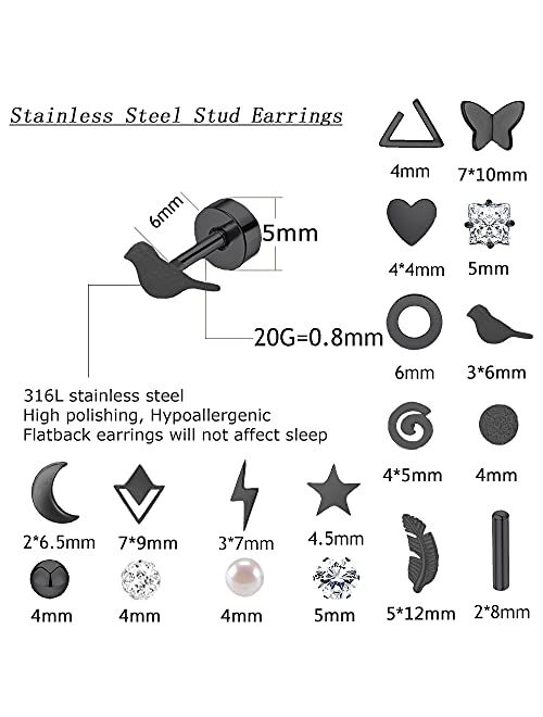 Mjust 18 Pairs Stainless Steel Stud Earrings Set for Women Men Star Moon Triangle Heart Leaf 20G Cartilage Earrings Hypoallergenic Flatback Earrings Piercing Jewelry