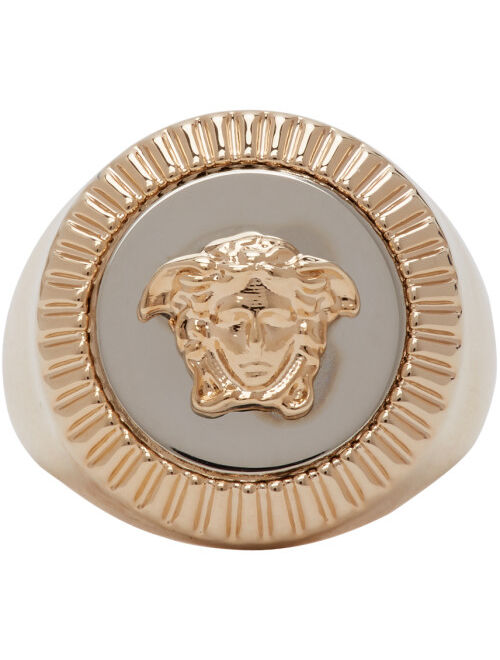 Versace Gold & Silver Guilloche Medusa Signet Ring
