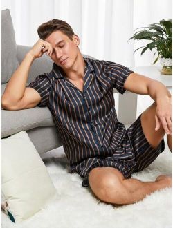Men Lapel Neck Striped Shirt & Shorts PJ Set