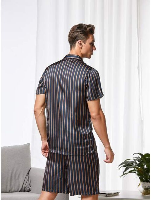 Shein Men Lapel Neck Striped Shirt & Shorts PJ Set