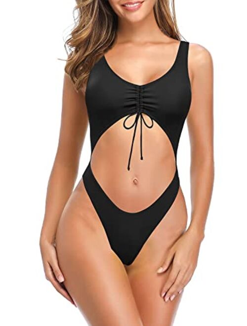 SHEKINI Women's Sexy Cutout Scoop Neck One Piece Swimsuit Solid High Cut Bathing Suit