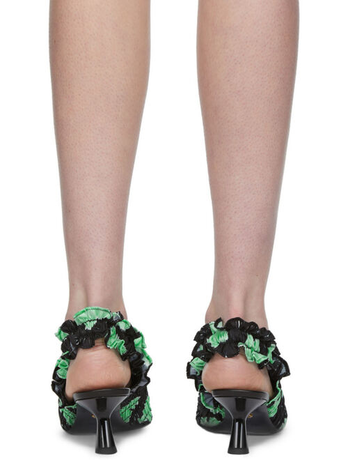 Amy Crookes Black & Green Shirred Stretch Slingback Heels