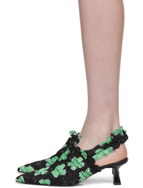Amy Crookes Black & Green Shirred Stretch Slingback Heels