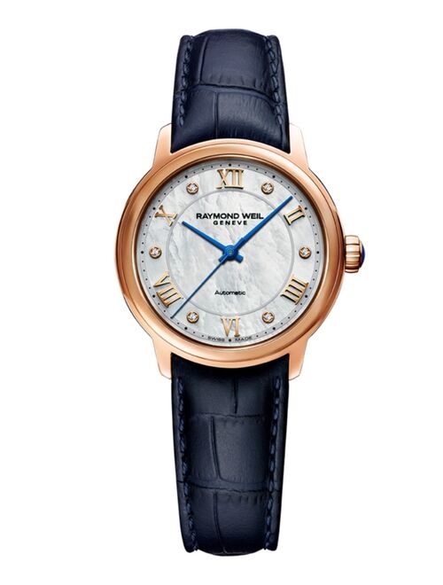 Raymond Weil Women's Swiss Automatic Maestro Diamond Accent Blue Leather Strap Watch 31mm