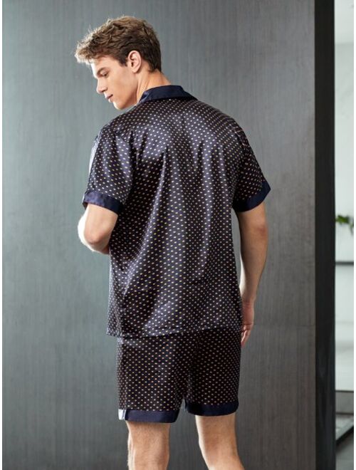 Shein Men Random Polka Dot Print Satin Shirt & Shorts PJ Set