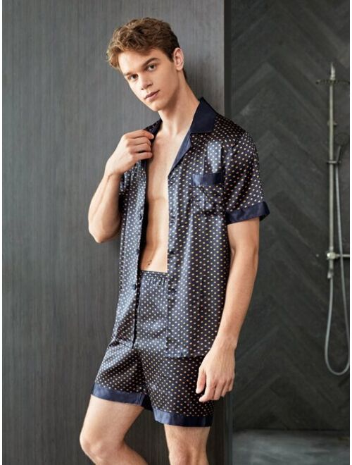 Shein Men Random Polka Dot Print Satin Shirt & Shorts PJ Set