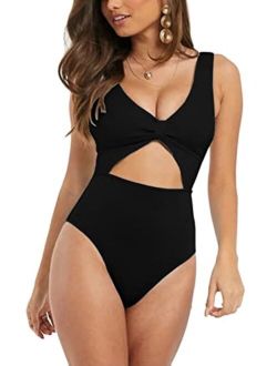 LEISUP Sexy Womens V Neck Cutout Front High Cut Cheeky Thong One Piece Swimsuit High Waist Bathing Suit
