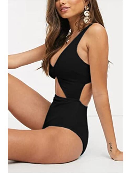 LEISUP Sexy Womens V Neck Cutout Front High Cut Cheeky Thong One Piece Swimsuit High Waist Bathing Suit