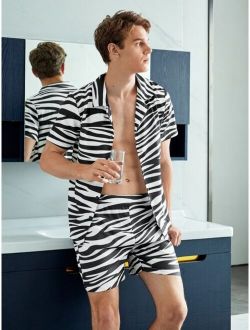 Men Zebra Striped Print Shirt & Shorts PJ Set
