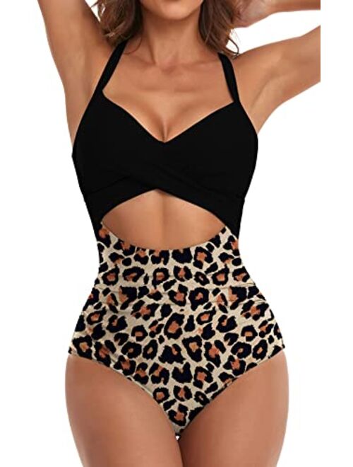 Eomenie Women's One Piece Swimsuits Tummy Control Cutout High Waisted Bathing Suit Wrap Tie Back 1 Piece Swimsuit