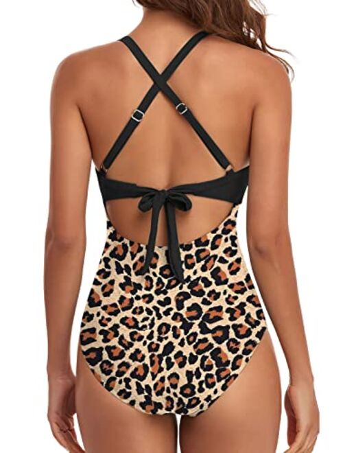Eomenie Women's One Piece Swimsuits Tummy Control Cutout High Waisted Bathing Suit Wrap Tie Back 1 Piece Swimsuit
