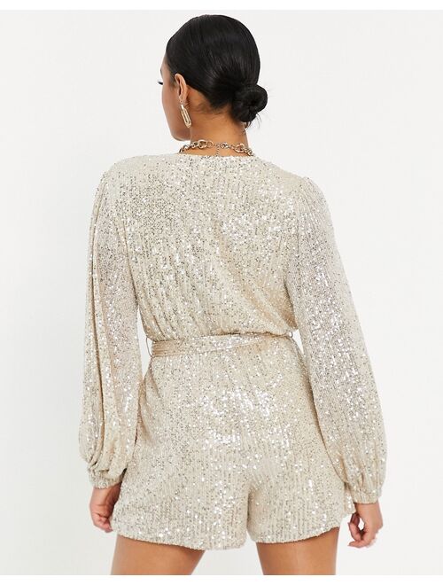 Simmi Clothing Simmi plunge front sequin long sleeve romper in champagne
