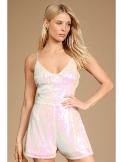 All Lit Up White Iridescent Sequin Lace-Up Romper