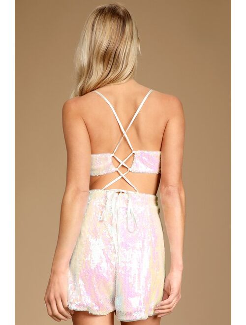 Lulus All Lit Up White Iridescent Sequin Lace-Up Romper