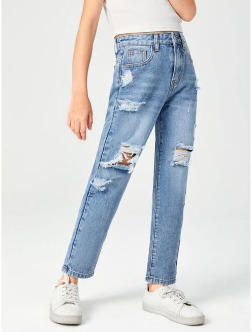 SHEIN Girls High Waisted Ripped Jeans