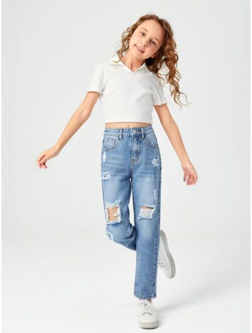 SHEIN Girls High Waisted Ripped Jeans
