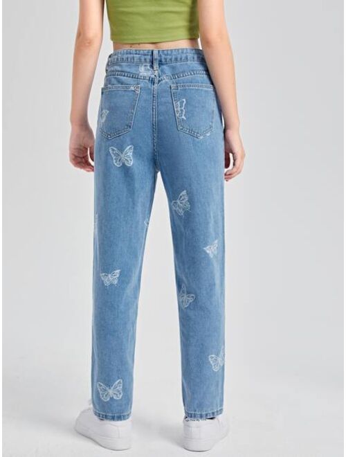 SHEIN Teen Girls High Waist Butterfly Print Straight Leg Jeans