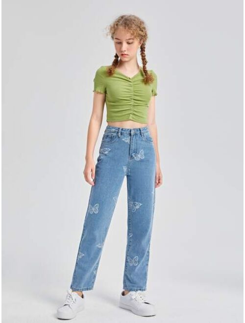 SHEIN Teen Girls High Waist Butterfly Print Straight Leg Jeans